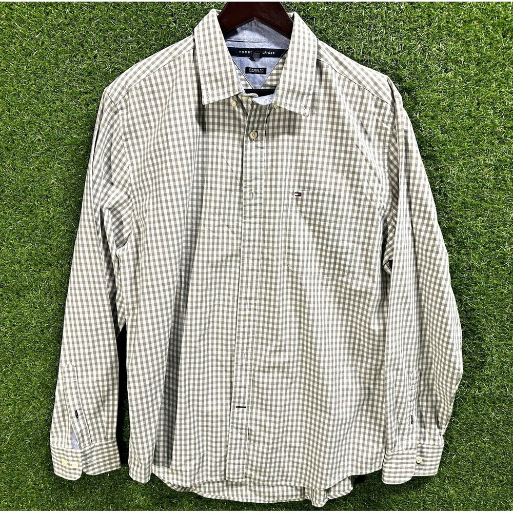Tommy Hilfiger Classic Fit Check Gray/White Long Sleeve Button-Up Shirt Men's L